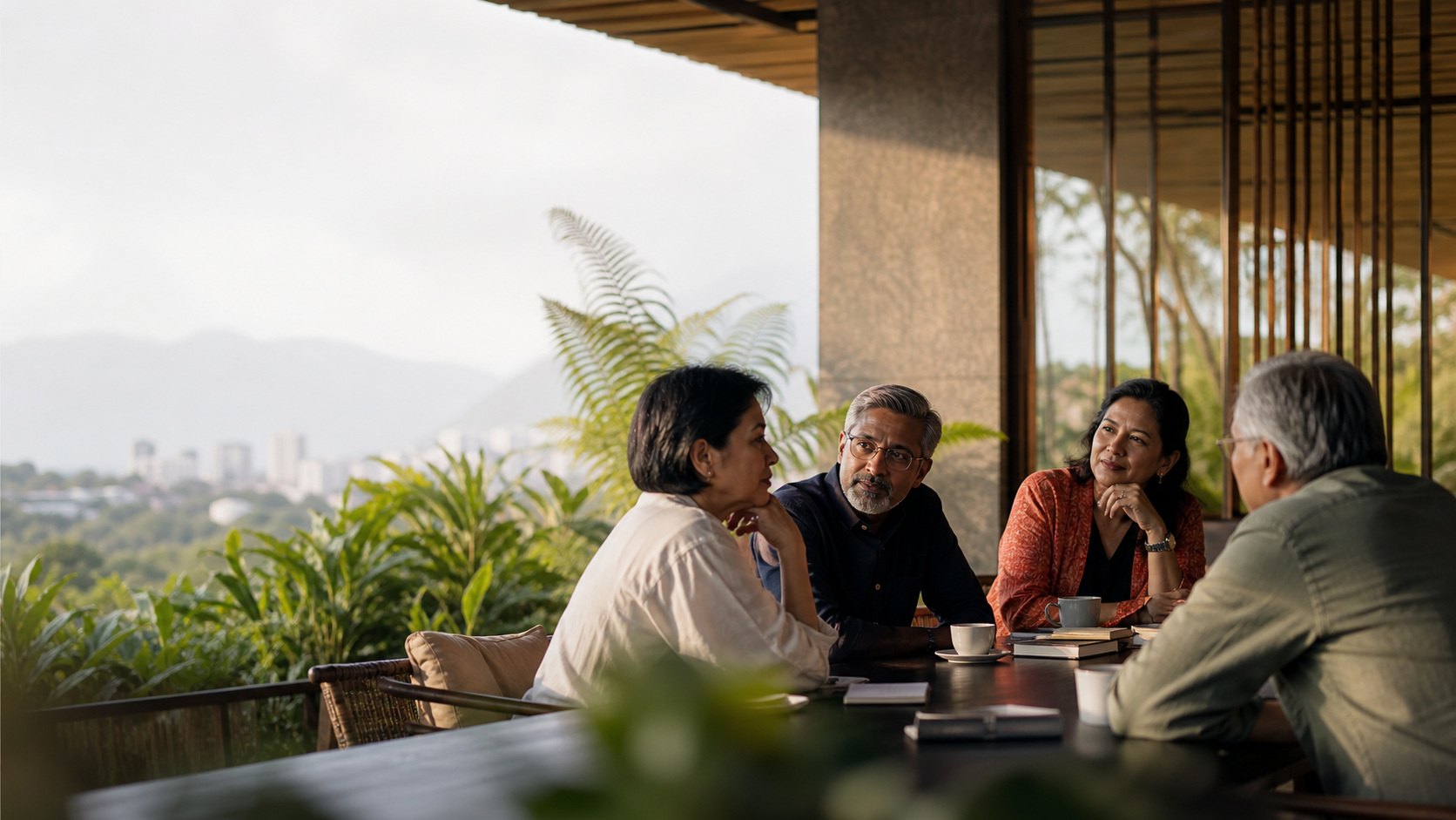 A group of mature leaders in thoughtful conversation at an open-air table